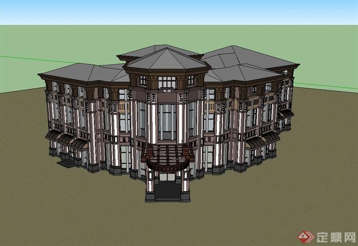 两层新古典风格商业楼建筑设计su模型(1)