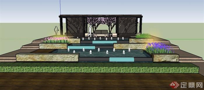 现代景观廊架及喷泉水池su模型(6)