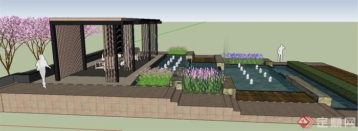 现代景观廊架及喷泉水池su模型(7)