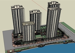 欧式高层商业住宅小区楼建筑设计SU(草图大师)模型