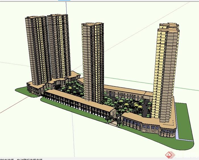 某现代风格详细精致商住建筑及景观设计su模型(1)