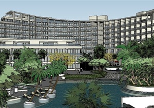 现代多层酒店建筑及景观环境SU(草图大师)模型