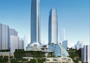 现代超高层山酒店办公综合建筑设计SU(草图大师)模型含JPG图片
