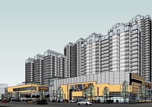 现代商业综合体住宅楼建筑及景观SU(草图大师)模型
