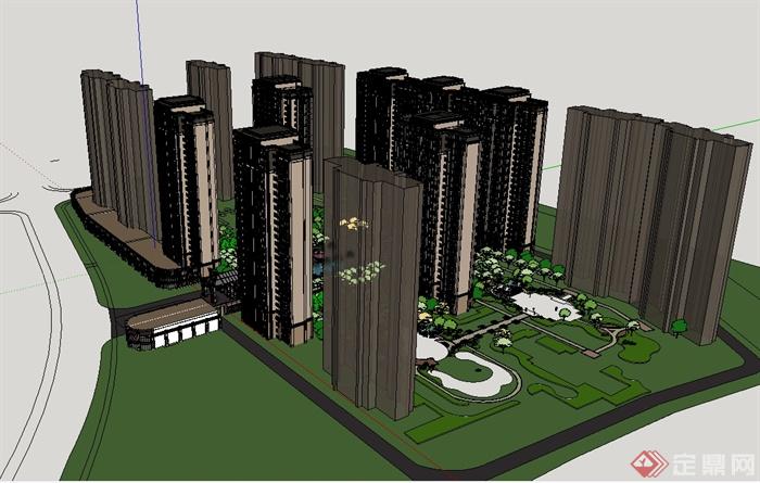 新古典小区高层建筑楼及景观设计su模型(2)