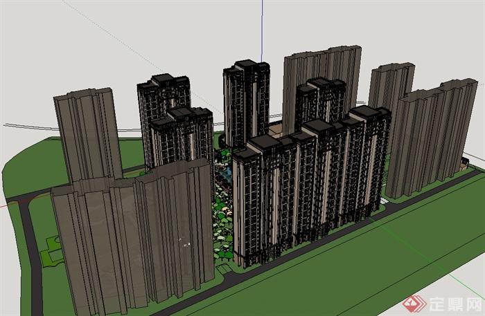 新古典小区高层建筑楼及景观设计su模型(3)