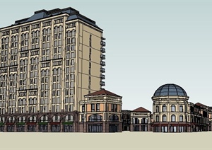 欧式风格多层商业街及小高层办公楼建筑设计SU(草图大师)模型