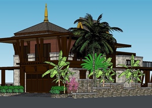 某东南亚风格详细别墅建筑设计SU(草图大师)模型