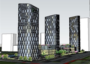 三栋现代风格综合体建筑设计SU(草图大师)模型