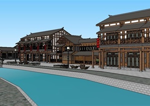 新中式风格滨河商业街建筑设计SU(草图大师)模型