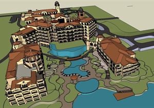 西班牙风格大型度假酒店建筑设计SU(草图大师)模型