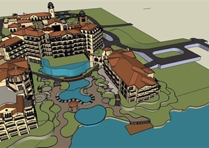 某西班牙风格大型度假酒店建筑设计SU(草图大师)模型
