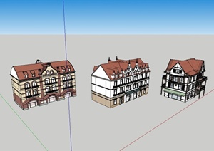 某欧式风格三栋不同的商业建筑楼设计SU(草图大师)模型