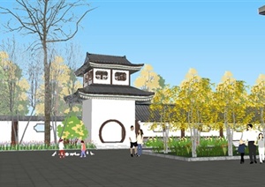 新中式仿古老年活动中心建筑设计SU(草图大师)模型