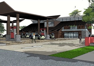 中式风格加油站建筑及景观设计Su模型