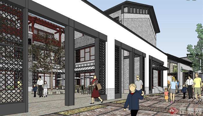 现代中式风格滨水商业街建筑设计su模型(5)