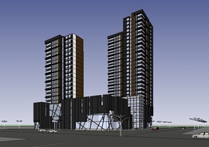 现代风格高层商业住宅建筑及屋顶花园设计SU(草图大师)模型