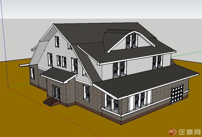 某欧式风格独栋别墅建筑设计CAD、SU模型和PS效果图(2)