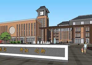 现代学校教学楼建筑及入口景观SU(草图大师)模型