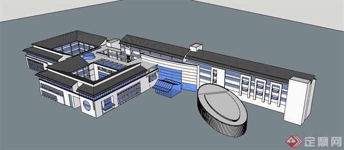 中式风格3层办公楼建筑su模型(2)