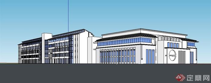 中式风格3层办公楼建筑su模型(4)