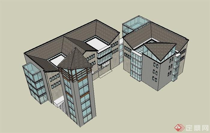 现代四层办公楼及景观塔楼设计Su模型(4)
