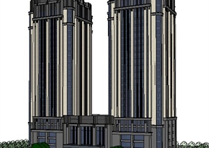 古典高层双栋酒店建筑设计SU(草图大师)模型