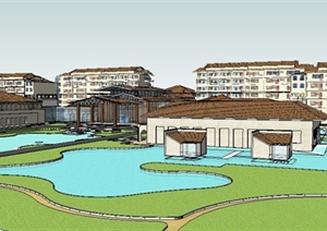 120亩简约古典多层生态酒店建筑设计SU(草图大师)模型