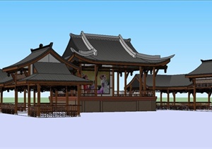 某精致古典中式风格戏台建筑设计SU(草图大师)模型