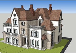 某细致英式风格双拼别墅住宅建筑设计SU(草图大师)模型