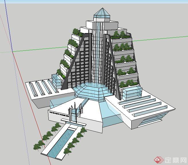 现代台阶式酒店建筑设计su模型(3)