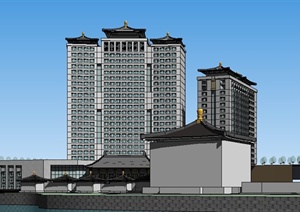 仿古唐风高层酒店建筑设计SU(草图大师)模型