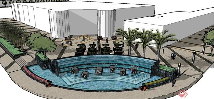 某现代风格商业街入口处水景设计SU模型(1)