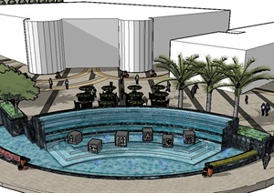 某现代风格商业街入口处水景设计SU(草图大师)模型