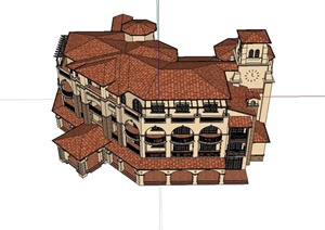 西班牙风格详细小酒店建筑楼设计SU(草图大师)模型