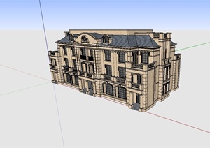 美式风格详细完整的联排别墅建筑设计SU(草图大师)模型
