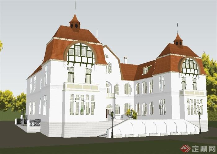 欧式风格独栋精美酒店建筑设计su模型(2)
