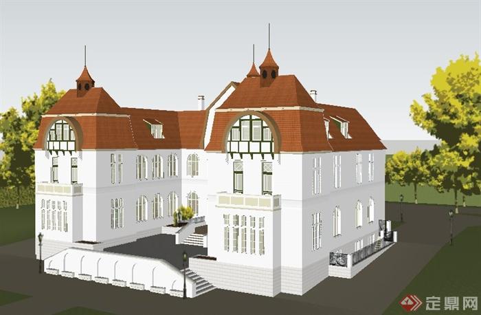 欧式风格独栋精美酒店建筑设计su模型(3)
