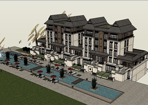 东南亚风格度叠拼别墅建筑设计SU(草图大师)模型