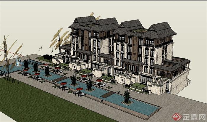 东南亚风格度叠拼别墅建筑设计su模型(1)