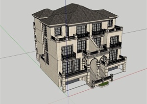 美式风格双拼别墅住宅建筑设计SU(草图大师)模型