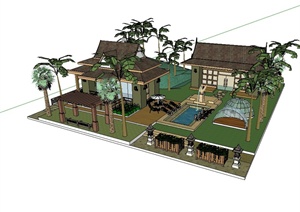 东南亚风格详细别墅建筑及庭院花园设计SU(草图大师)模型