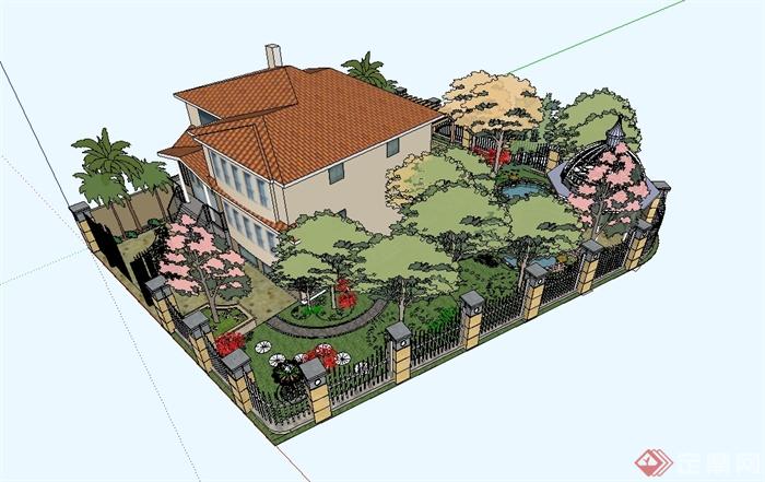 某欧式风格详细的别墅建筑及庭院花园设计su模型(3)