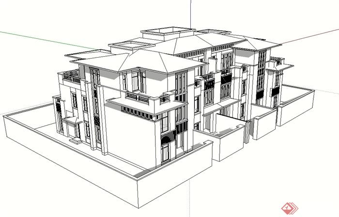 欧式风格无材质贴图别墅建筑设计su模型(1)