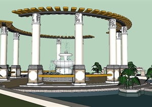 现代廊架及景观水池组合SU(草图大师)模型