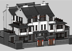 某古典中式风格双拼别墅建筑设计SU(草图大师)模型