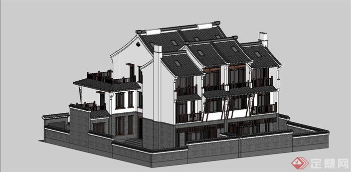 某古典中式风格双拼别墅建筑设计SU模型(3)