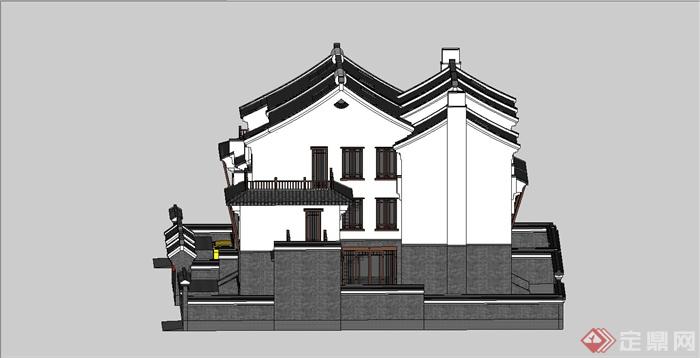 某古典中式风格双拼别墅建筑设计SU模型(4)