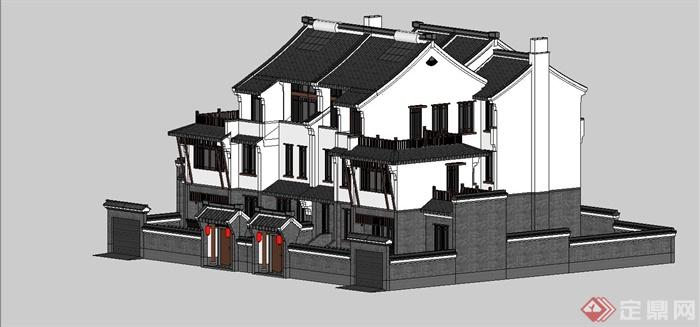 某古典中式风格双拼别墅建筑设计SU模型(2)