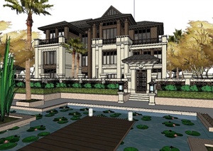 某东南亚风格豪华双拼别墅建筑设计SU(草图大师)模型